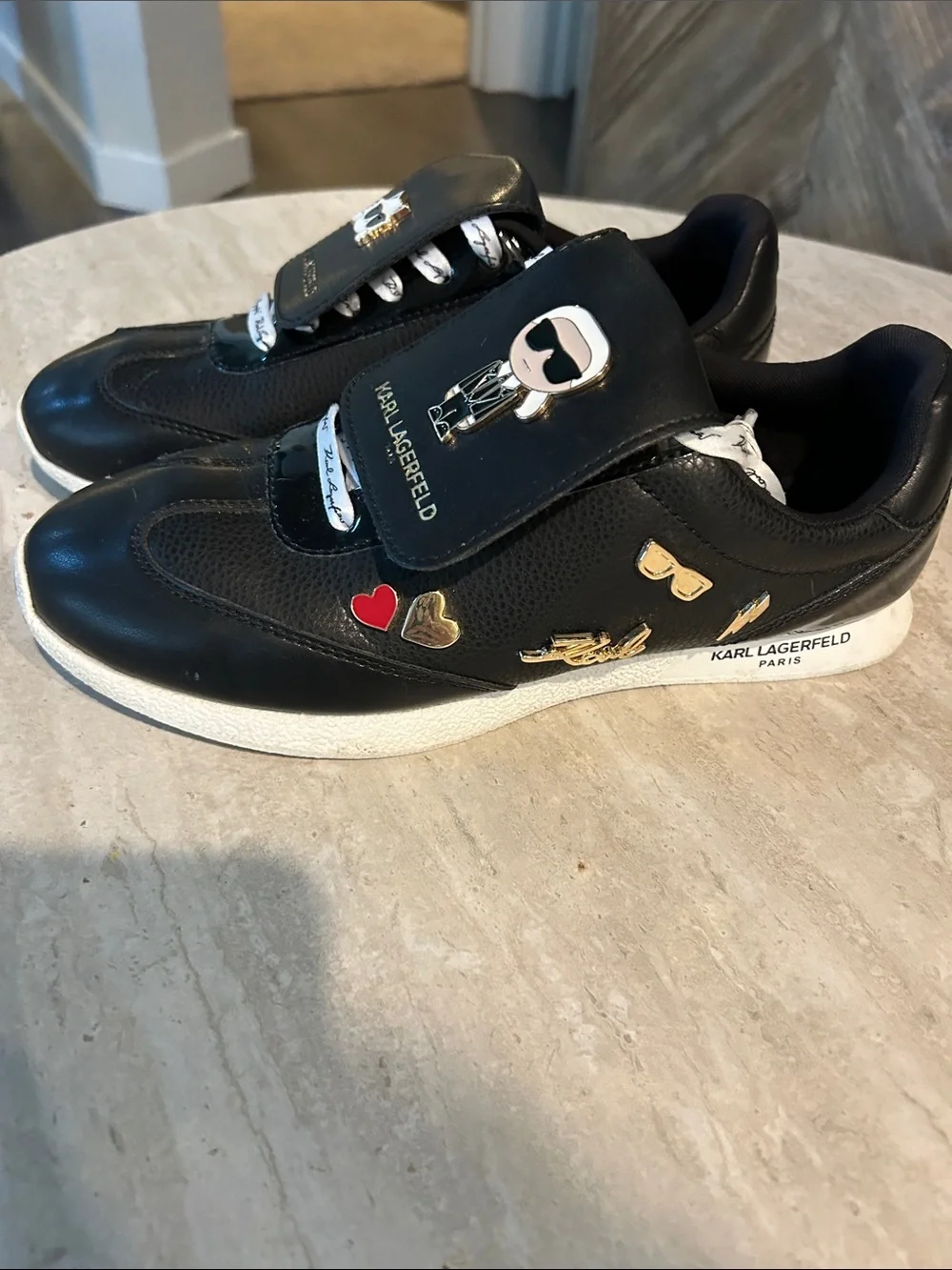 Karl Lagerfeld Women’s Black Sneakers with Gold Cat and Red Heart Charms